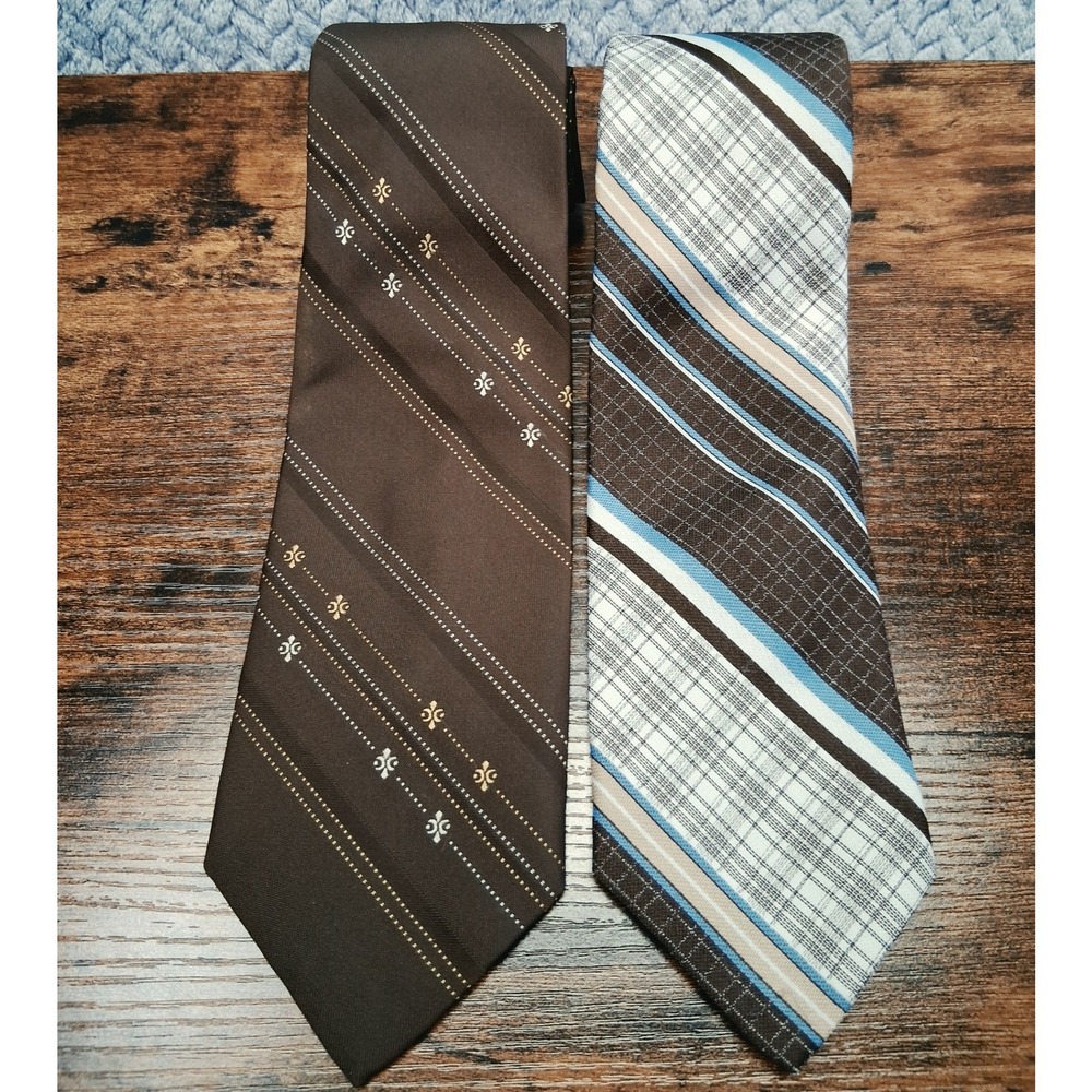 Vintage Hickok by Le-Bil's Brown Striped Plaid Necktie Set Lot of 2 Polyester